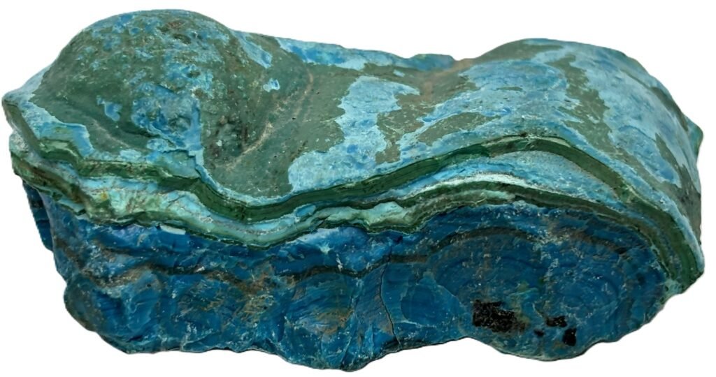 Natural Gem Silica specimen with vivid deep blue, turquoise and green layered banding and distinctive natural mineral patterns.