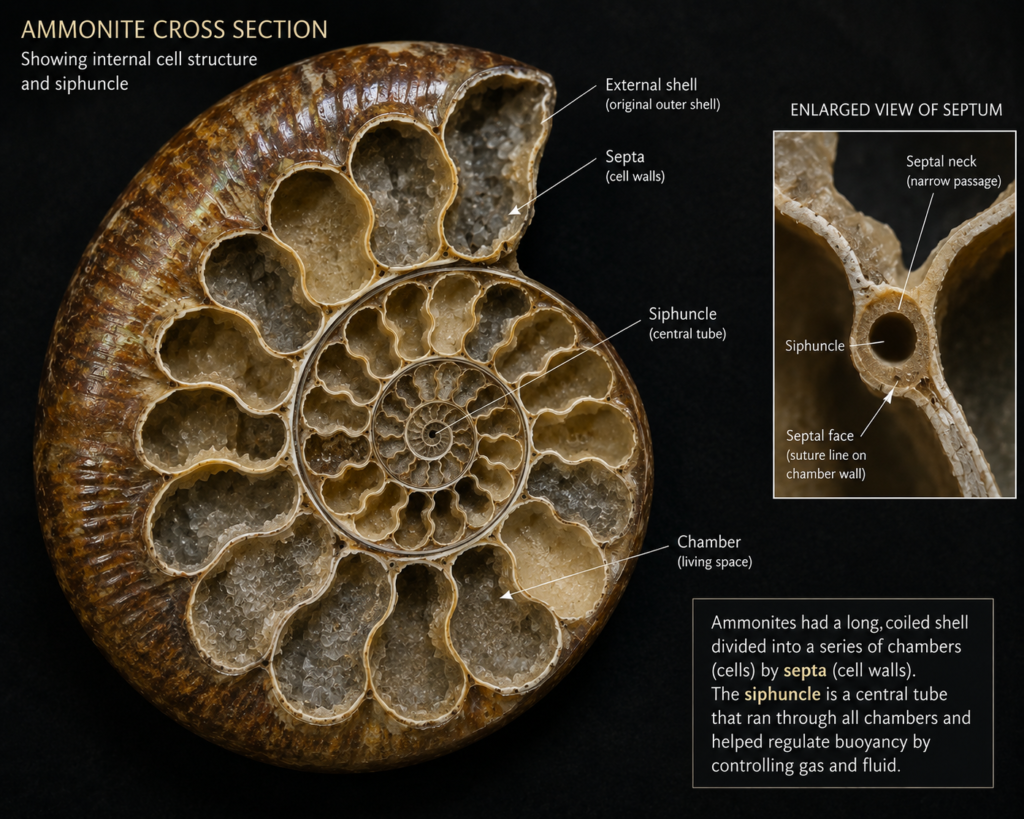 Ammonite growth - Sians Emporium Ammonite cross section showing structure and sphincle
