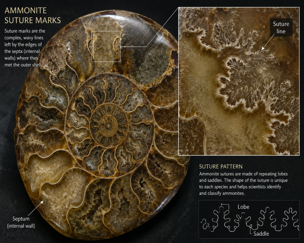 Ammonite suures - Sians Emporium Cross‑sectional view of an ammonite fossil with intricate, wavy suture lines and concentric chambers; inset zoom highlights the suture pattern.