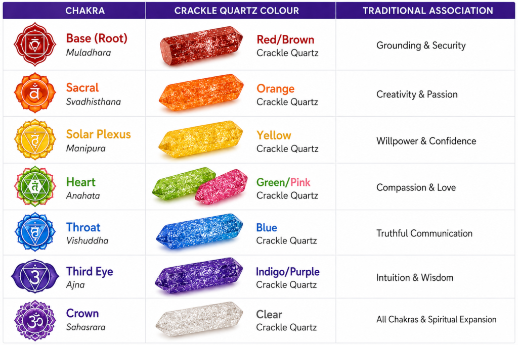 Crackle Quartz and chalra - Sians Emporium Table of seven chakras showing base color, crackle quartz color, and traditional association.