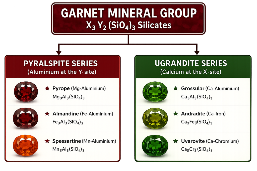 Transparent infographic showing the Garnet Mineral Group classification, dividing garnets into the Pyralspite and Ugrandite series with Pyrope, Almandine, Spessartine, Grossular, Andradite and Uvarovite gemstones.