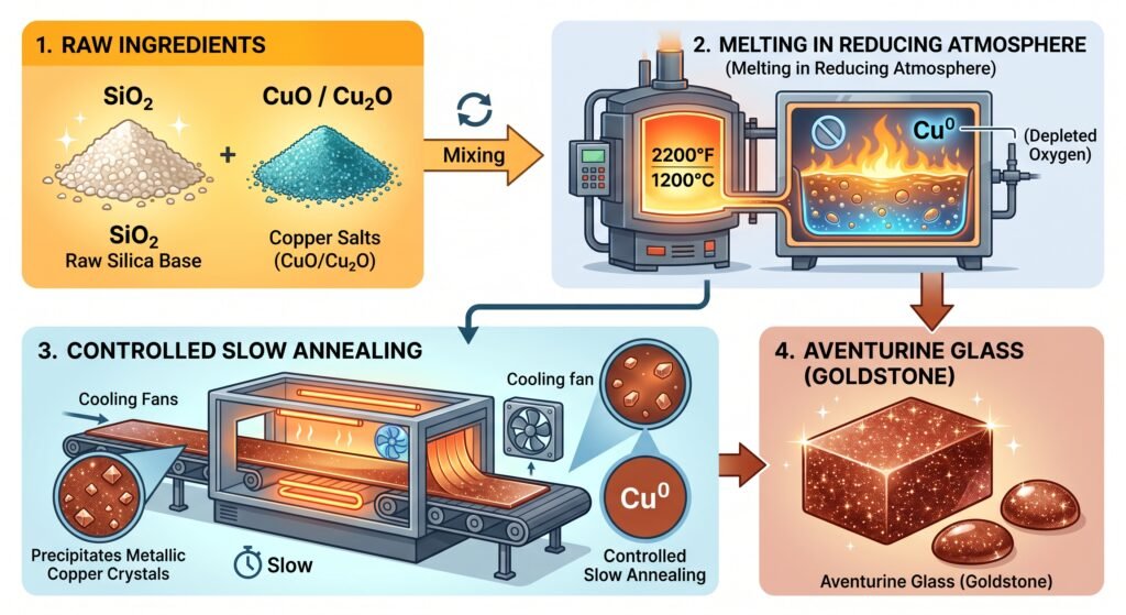 How goldstone is made the science of aventurine glass production sians emporium Four step scientific infographic illustrating the manufacturing process of goldstone aventurine glass from mixing raw silica base with copper salts to furnace melting slow annealing and the final polished sparkling stone