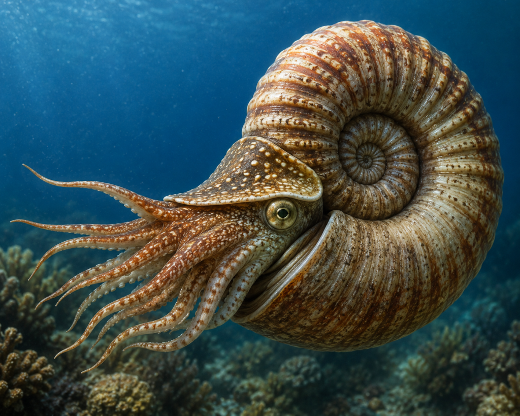 Representation of living ammonite - Sians Emporium Close-up of a striped nautilus with many curled tentacles swimming above a coral reef in clear blue water.