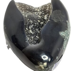 Black Agate druzy core heart sculpture on base 12
