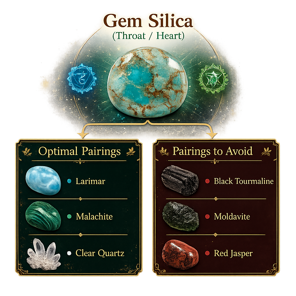 Gem Silica crystal pairing chart showing Larimar, Malachite and Clear Quartz as optimal pairings, with Black Tourmaline, Moldavite and Red Jasper listed as pairings to avoid.