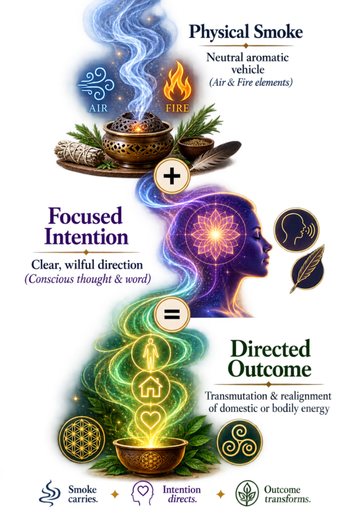 Vertical infographic showing how physical smoke combined with focused intention creates a directed outcome through energy transmutation and realignment.