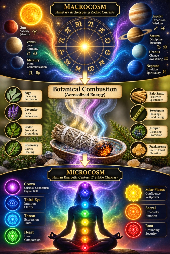 Mystical infographic showing planetary and zodiac energies flowing through botanical smoke cleansing into the seven human chakras.