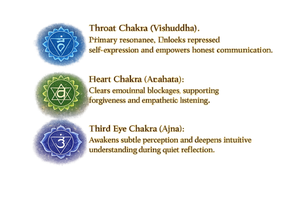 Throat, Heart and Third Eye Chakra symbols with descriptions of communication, emotional healing, forgiveness, intuition and spiritual awareness.