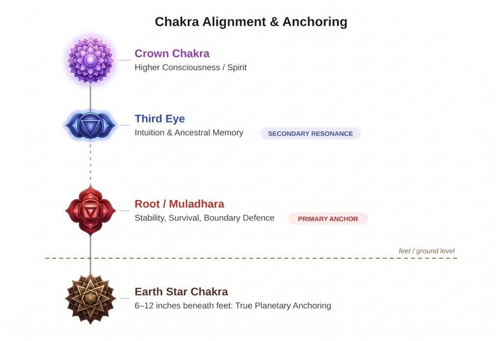 A vertical chakra alignment chart showing the crown chakra violet lotus third eye root chakra red and earth star chakra with ground level and anchoring descriptions