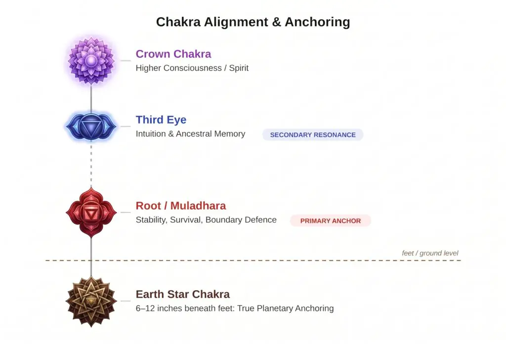 A vertical chakra alignment chart showing the crown chakra violet lotus third eye root chakra red and earth star chakra with ground level and anchoring descriptions