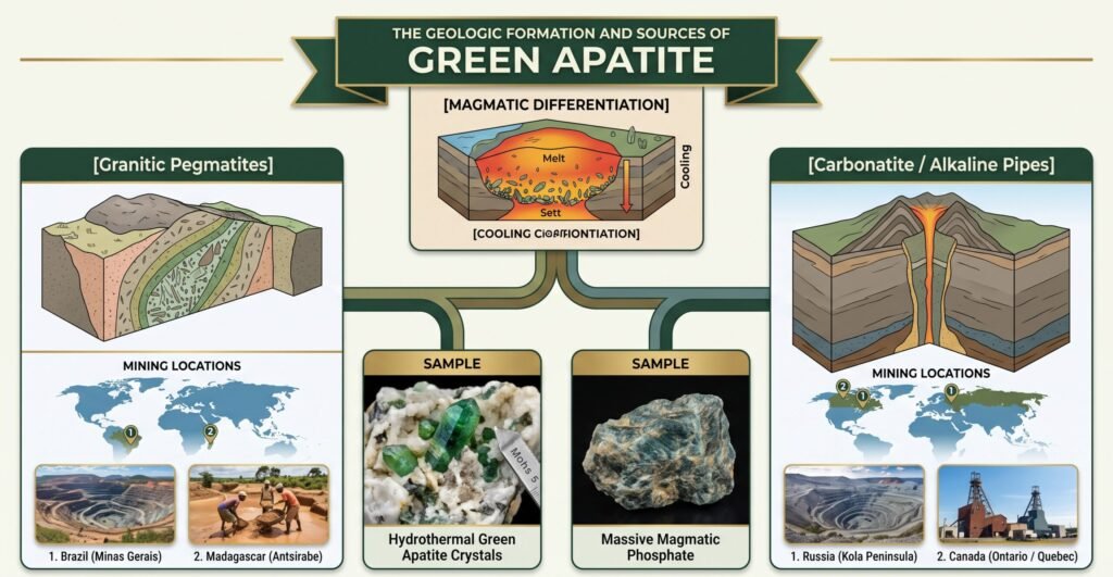 Green apatite geologic formation and global mining sources infographic sians emporium Diagram illustrating the geologic formation of green apatite through magmatic differentiation comparing granitic pegmatites to carbonatite pipes with global mining locations