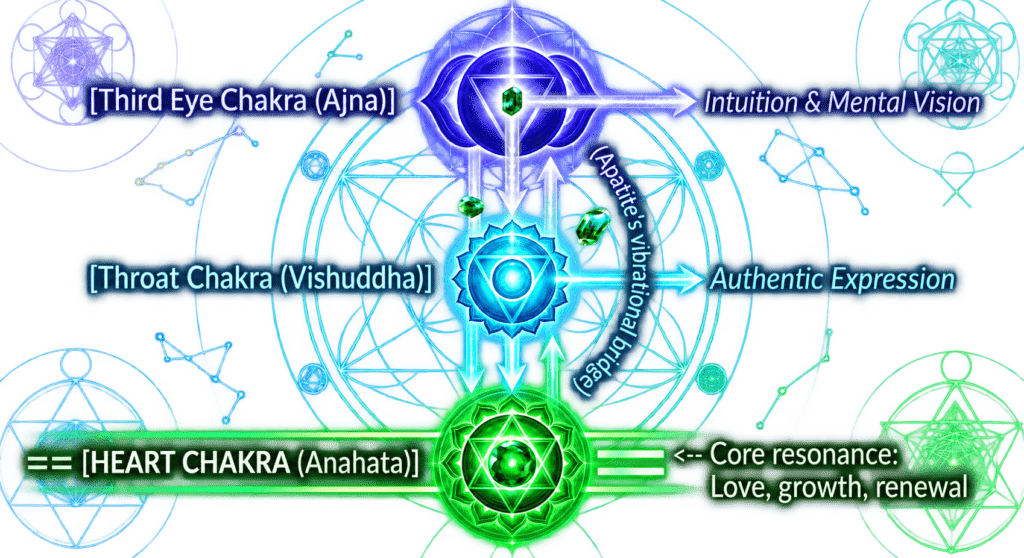 Chakra diagram heart throat and third eye with apatites vibrational bridge sians emporium A complex esoteric diagram against a background of sacred geometry metatrons cube and green and blue lines The diagram centers on the alignment of the heart throat and third eye chakras Green apatite crystals are suspended between the centers The heart chakra anahata at the bottom glows green with the function < core resonance love growth renewal the throat chakra vishuddha in the center glows blue green with authentic expression the third eye chakra ajna at the top glows indigo with intuition mental vision connecting lines indicate energy flow with the segment between throat and third eye labeled apatites vibrational bridge