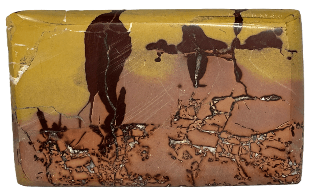 Polished rectangular noreena jasper specimen with ochre burgundy and earthy pink natural patterns