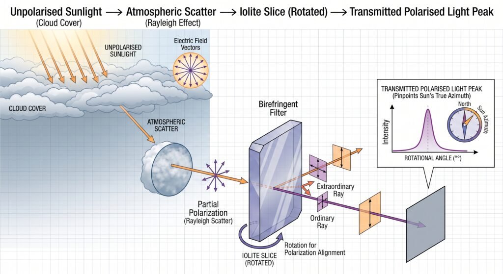 Scientific diagram illustrating how a rotated iolite crystal filters rayleigh scattered sunlight through clouds to locate the sun's azimuth.