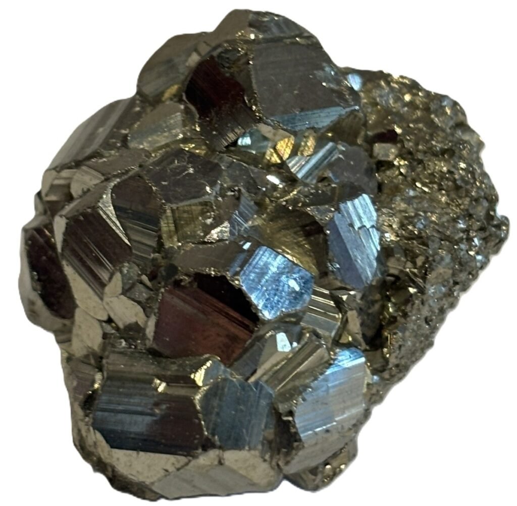 Intergrown iron pyrite crystal cluster sians emporium Natural brassy iron pyrite mineral cluster featuring intergrown striated pyritohedral crystals and microcrystalline druzy matrix
