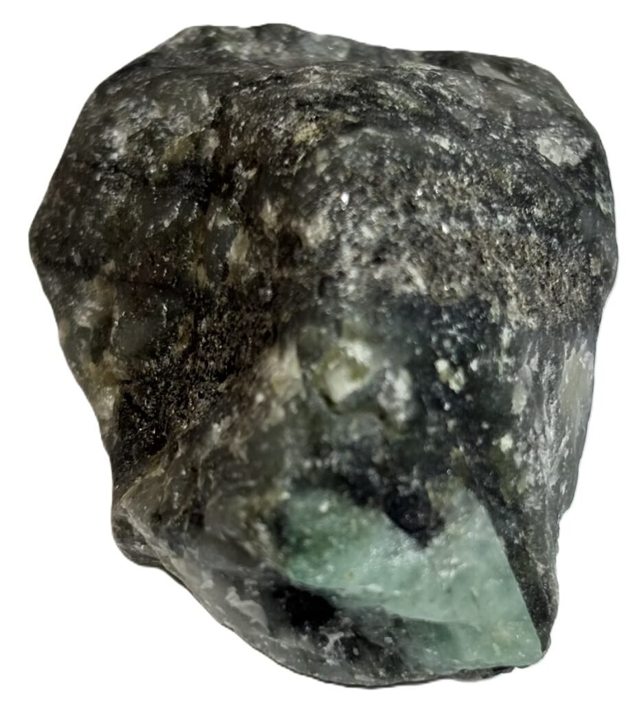 Rough green aventurine specimen in dark matrix sians emporium Rough natural green aventurine crystal nodule embedded in a dark grey black host rock matrix specimen