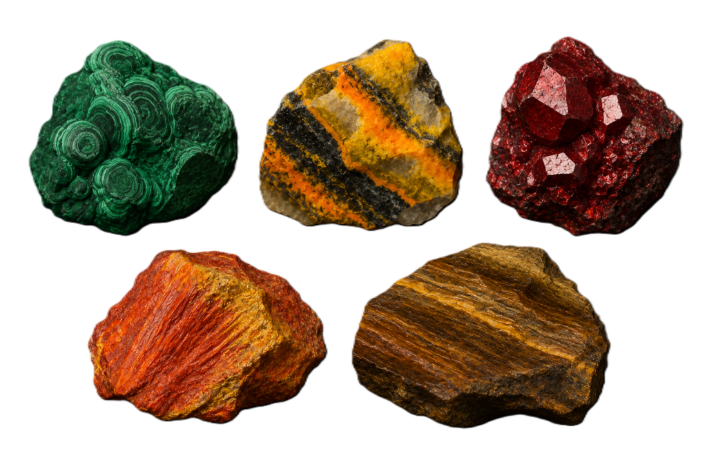 Toxic crystals Malachite, Bumblebee jasper, cinnabar. Realgar, Tigers eye (unpolished) Toxic crystals Malachite, Bumblebee jasper, cinnabar. Realgar, Tigers eye (unpolished)