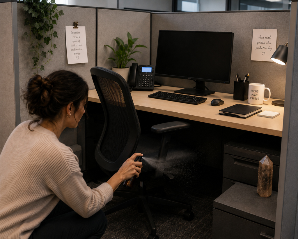 A person spritzing  under a desk