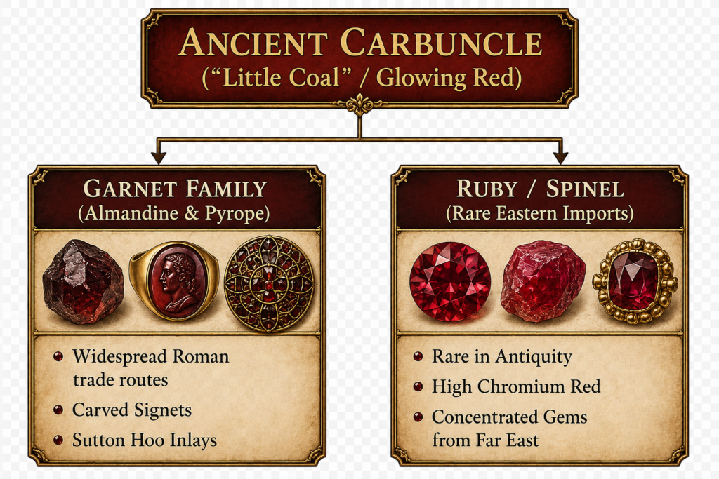 Infographic comparing the ancient term carbuncle with garnets, rubies and spinels used in Roman and medieval jewellery.