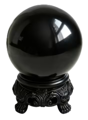 Black glass scrying disc displayed on an ornate black resin stand, ideal for divination, meditation, spiritual practice and home altar use.