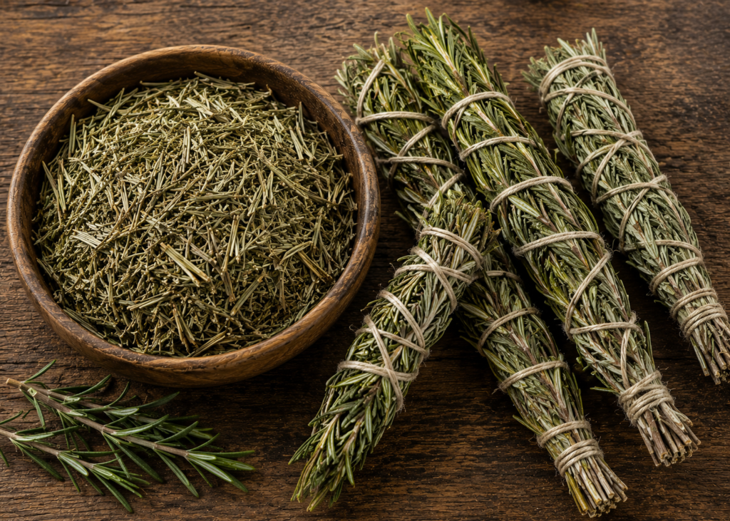 Bowl of plucked rosemary and sticks - Sians Emporium Bowl of plucked rosemary and sticks