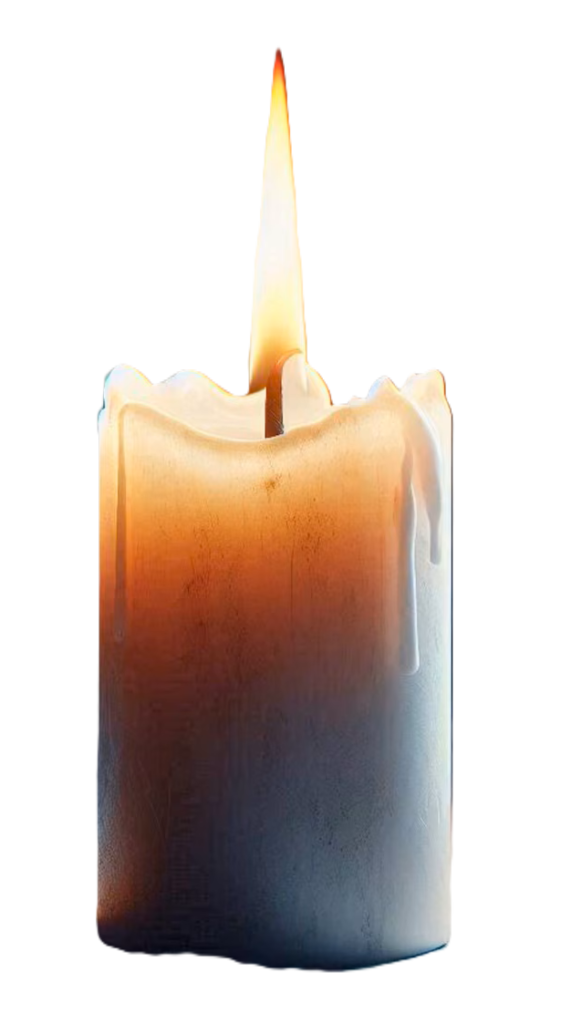 Lit white pillar candle with a bright flame and natural wax drips, used for meditation, spiritual rituals, spell work, prayer and relaxation.
