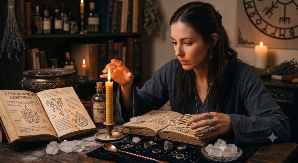 Woman in a dark robe studies an open spellbook by candlelight, surrounded by bottles, crystals, and occult tools at a wooden table.
