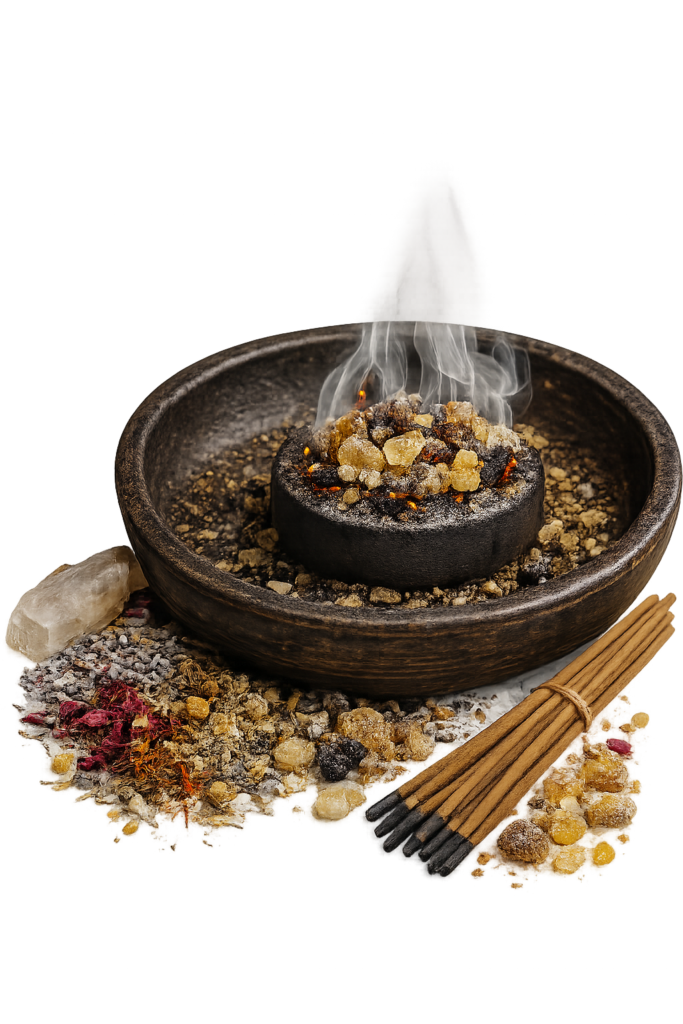 Lit black candle sits in a rustic bowl, surrounded by salt crystals, amber stones, dried botanicals, and cinnamon sticks with rising smoke downstage.