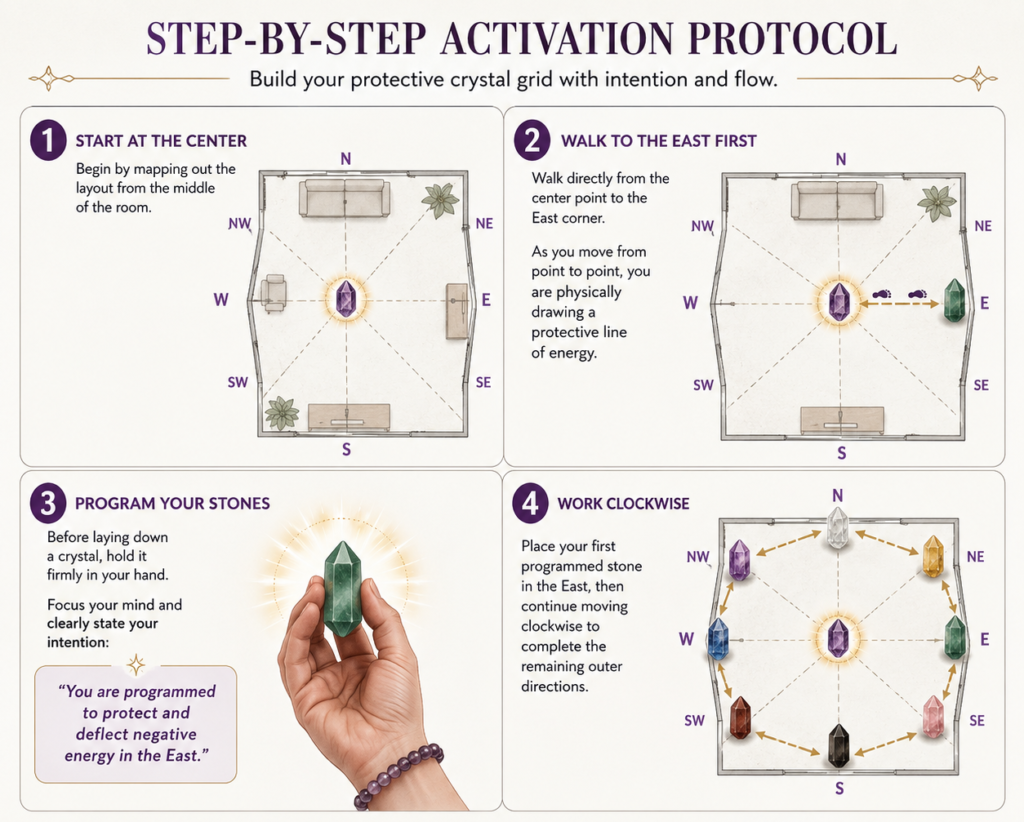 Step-by-step activation protocol infographic showing a crystal-grid layout with compass directions and numbered steps 1–4. - Sians Emporium Step-by-step activation protocol infographic showing a crystal-grid layout with compass directions and numbered steps 1–4.
