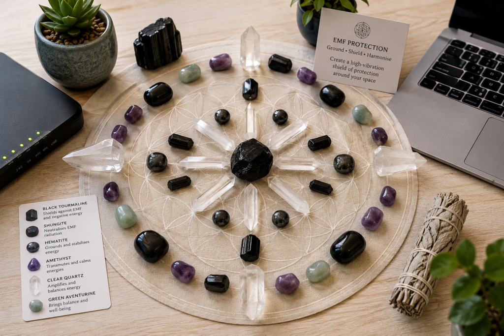 Supercharged crystal grid for EMF protection featuring shungite and clear quartz points on an office desk next to a laptop. Supercharged crystal grid for EMF protection featuring shungite and clear quartz points on an office desk next to a laptop.