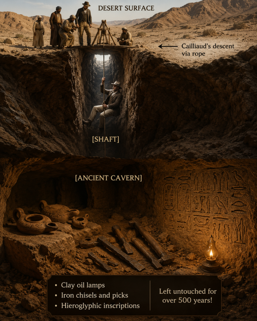 Exploring ancient desert caverns - Sians Emporium Desert excavation: workers lower a rope into a deep shaft while observers stand on the surface above a cavern entrance.