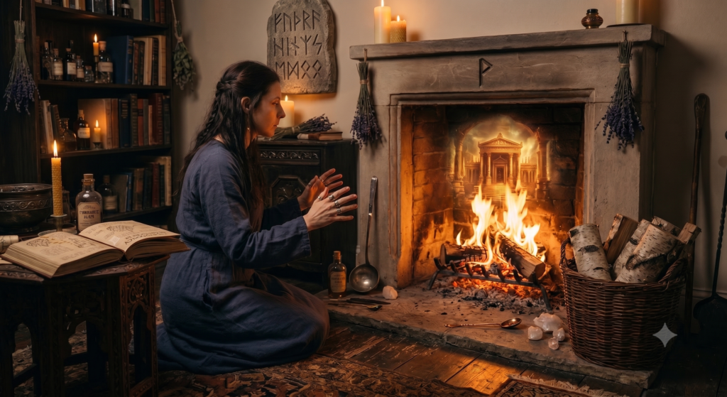 A detailed, atmospheric photograph captures a female practitioner in a grey robe and silver rings, gazing into a contained fire within an ornate metal brazier that manifests a vision of a fortified castle at sunset. She is seated at a candlelit wooden table in a dimly lit esoteric study, flanked by an open book titled'PYROMANCY CHRONICLE,' a bottle of 'PYROMANTIC ELIXIR,' dried lavender bundles, and raw quartz crystals. The background shows bookshelves and a runic wall tapestry.
