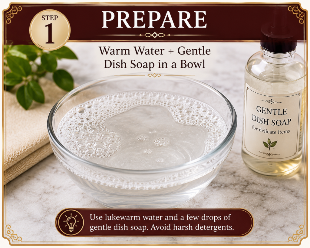 Step 1 infographic showing a bowl of warm water mixed with gentle dish soap for safely cleaning garnet jewellery.