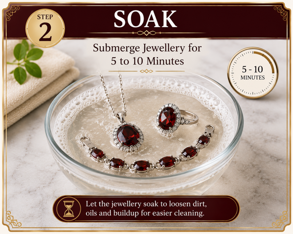 Step 2 infographic showing garnet jewellery soaking in warm soapy water for 5 to 10 minutes before gentle cleaning.
