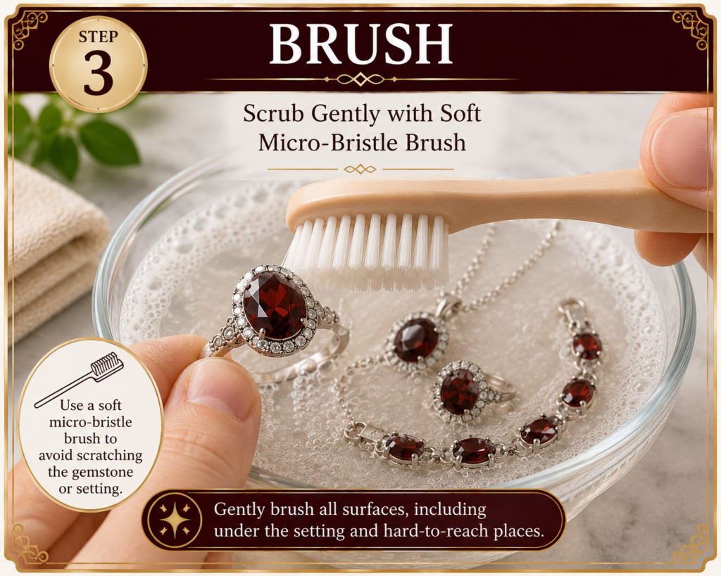 Step 3 infographic showing a soft micro-bristle brush gently cleaning a garnet ring after soaking in warm soapy water.