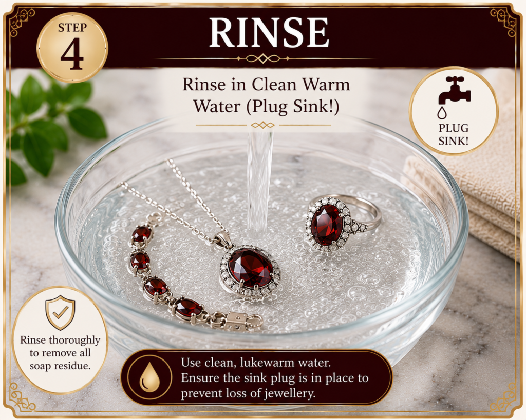 Step 4: Rinse jewelry in clean warm water as water runs into a glass bowl containing red gemstone necklace and ring.