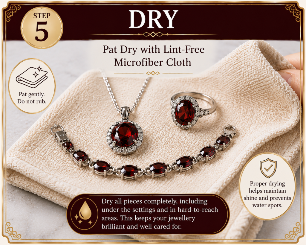tep 5 infographic showing garnet jewellery being gently dried with a lint-free microfibre cloth after cleaning.