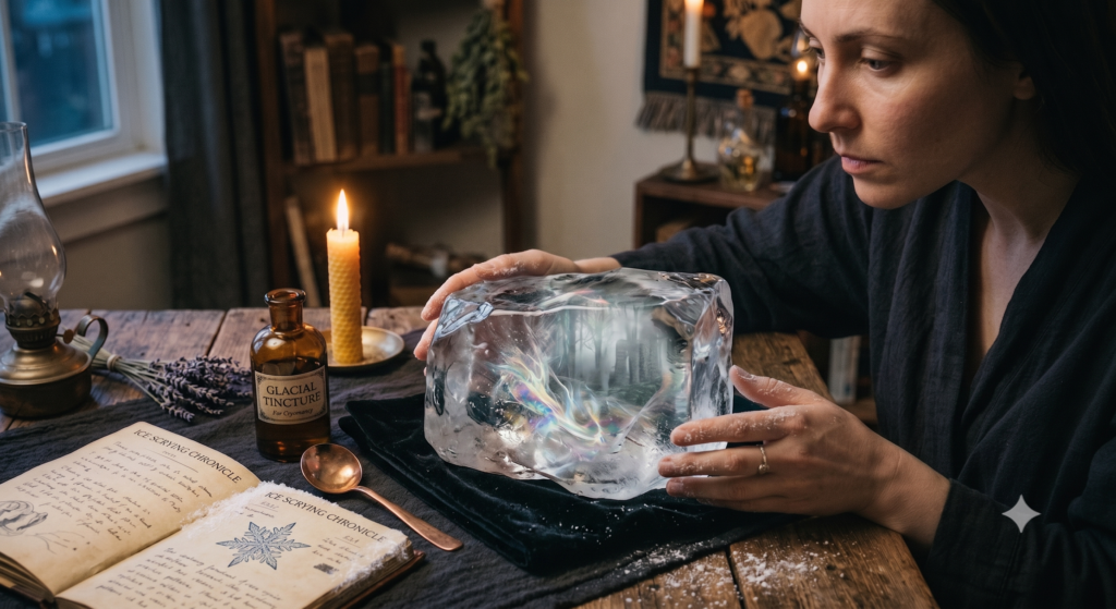 A woman performing ice scrying (cryomancy) over a large, translucent block of ice with mystical visions frozen inside, set in a cosy, candlelit study.