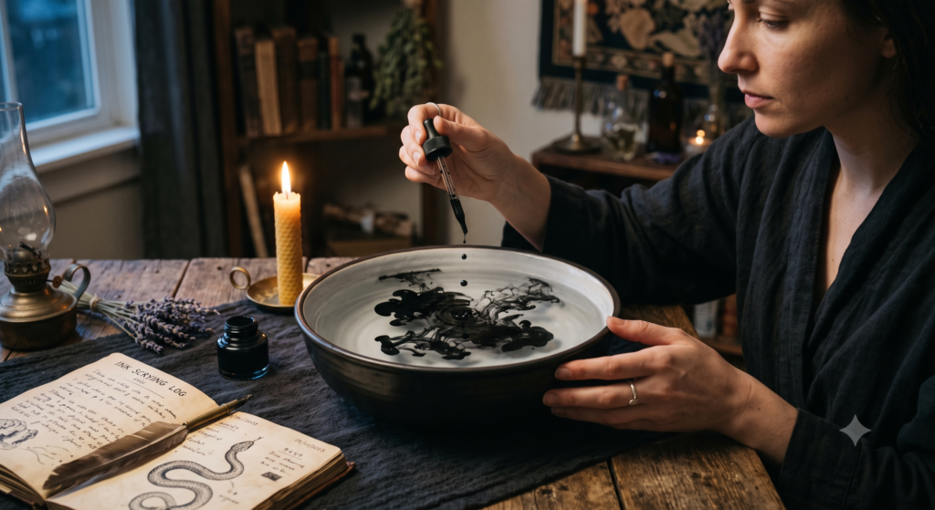 A close-up photograph of a female seer with dark hair performing an ink scrying ritual in a candlelit, book-filled study. She holds a small spoon and looks down into a dark ceramic bowl where a detailed vision of a swirling landscape and a castle is appearing in the ink-infused water.
