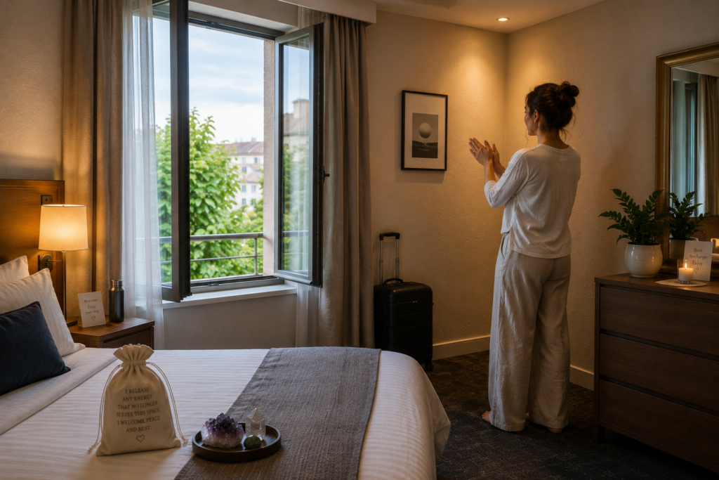 Woman stands in a cozy hotel room, facing a framed wall art while clapping near a suitcase by the wall window.