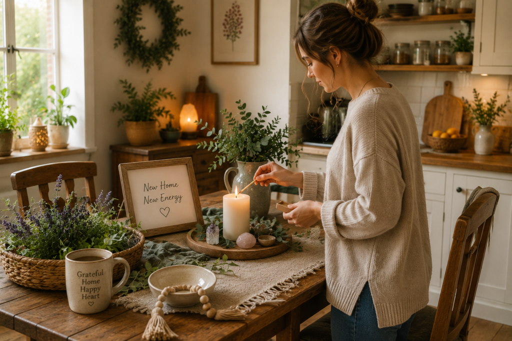Female lighting candle at kitchen table