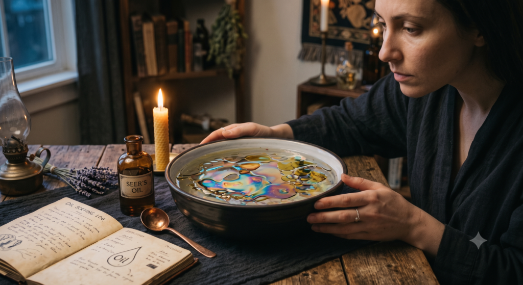 A practitioner dropping dark black ink into a bowl of clear water during a scrying session, lit by candlelight on a wooden altar desk.