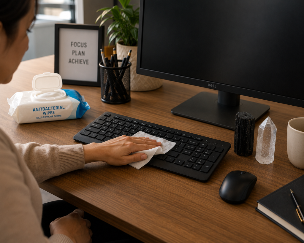 Person wipes down a computer keyboard with a wipe at a wooden desk in an office setup.