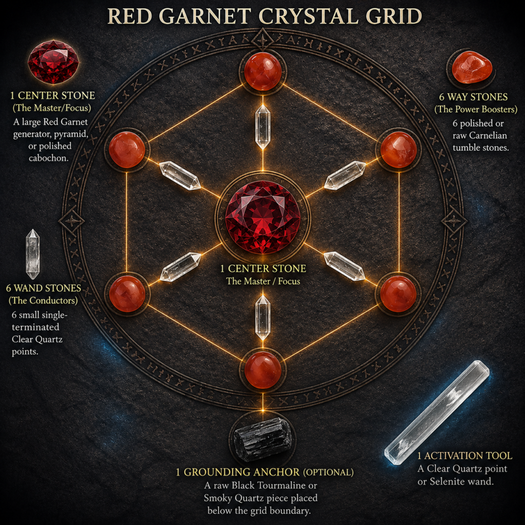 Complete red garnet crystal grid featuring a central garnet, six carnelian way stones, six clear quartz conductors, a black tourmaline grounding anchor and a selenite activation wand.