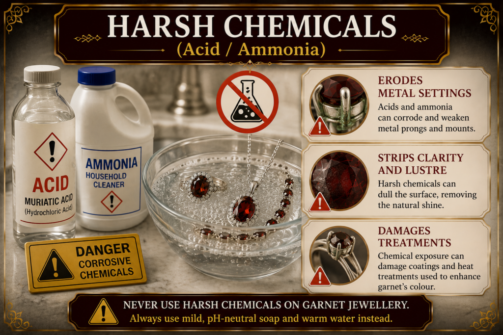 Warning infographic showing acid and ammonia as harsh chemicals that can damage garnet jewellery and weaken metal settings.
