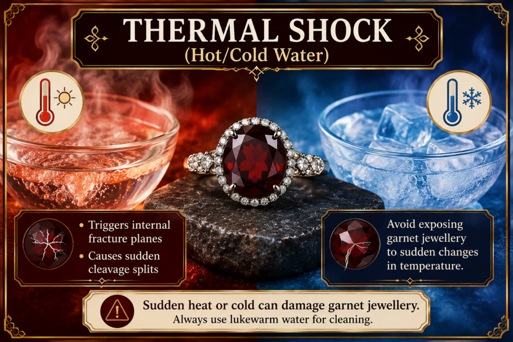 Warning infographic showing the dangers of thermal shock from hot and cold water when cleaning garnet jewellery.