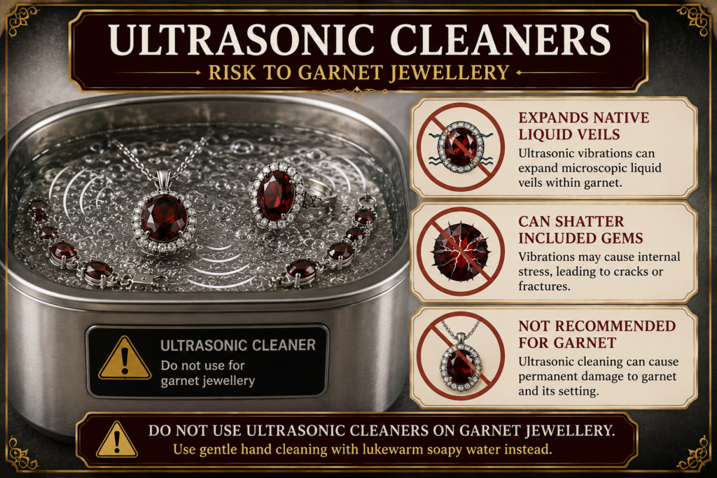 Warning infographic showing why ultrasonic cleaners should not be used on garnet jewellery due to the risk of internal fractures and gemstone damage.