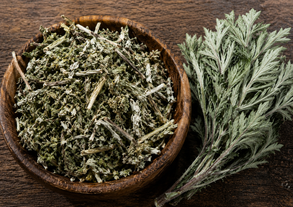 Rustic herbs and wooden bowl scene - Sians Emporium Bowl of dried plucked mugwort and mugwort leaves