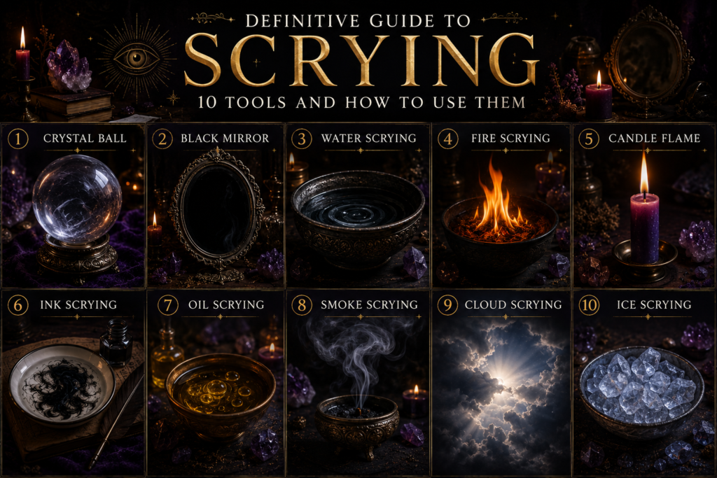 Definitive Guide to Scrying Illustrated guide showing ten traditional scrying methods including crystal ball, black mirror, water, fire, candle flame, ink, oil, smoke, cloud and ice scrying in a mystical black and gold design