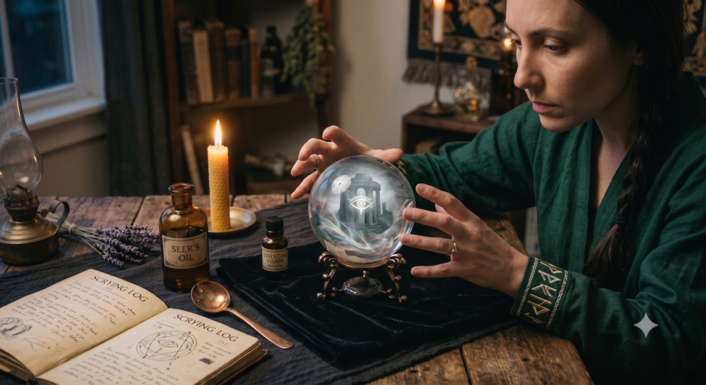 A woman in a green robe performs crystal ball scrying over a black velvet cloth on a candlelit wooden table, next to an open'Scrying Log' and a bottle of 'Seer's Oil'. A mystical eye and ancient ruins are visible within the sphere.
